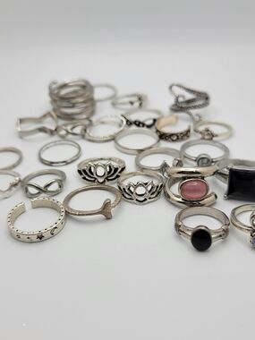 Assorted Women's Silver-Tone Stackable Rings with Pink and Black Stones